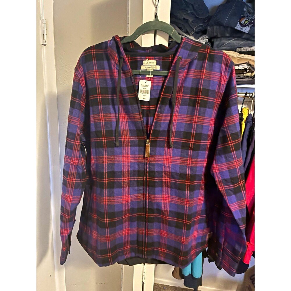 L.L.Bean Women’s Relaxed Fit Full Zip Flannel Plaid Hoodie L Blue Red Black